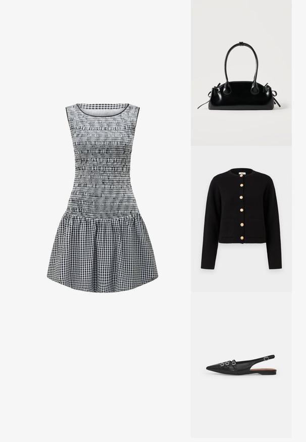 JDY JDYKIM - Kardigan - black; Mustriline mustriga mustri ja sobiva taljega must ja valge gingham kleit, smockitud tekstuuriga ja kootud seelikuosaga. Lihtne ümar kaelus ja ilma varrukateta disain.; Must must nahk slingback tasase jala king, terav nina, millel on kaks horisontaalset rihma ja ruudukujulised hõbedased sanga, madal konts ja sile tekstuur.; Väike must läikiv käekott kahe pika sangaga ja külgedel paelakinnitustega, ühel lihtsal helel taustal.