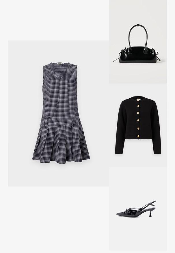 JDY JDYKIM - Vest - black; Marineblauwe geruite jurk met een V-hals, mouwloos ontwerp, geplooide rok en gestructureerde taille. Gemaakt van lichtgewicht stof.; Zwarte slingback pump van lakleer met een spits toelopende neus, lage kittenhak en decoratieve knoopstrik aan de voorkant.; Kleine zwarte glanzende handtas met twee lange hengsels en zijkant trekkoord details op een effen lichte achtergrond.