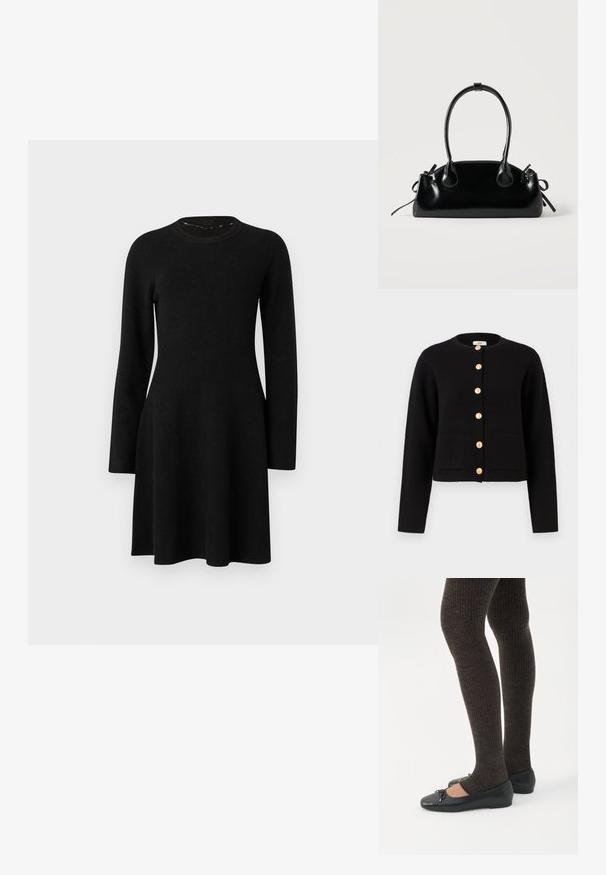 JDY JDYKIM - Cardigan - black; Sort langærmet kjole lavet af blødt stof. Har en rund halsudskæring, tætsiddende overdel og flagrende skirt, med en glat tekstur. Ingen mønstre eller accenter.; Ben iført mørke ribbede leggings kombineret med sorte balletsko med små sløjfedetaljer på hvid baggrund.; Lille sort blank håndtaske med to lange håndtag og snøre-detaljer i siden på en ensfarvet lys baggrund.