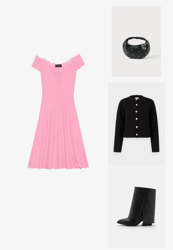 JDY JDYKIM - Cardigan - black; Lyserød off-the-shoulder kjole lavet af ribbet stof, med en rynket bodice, flagrende skørt og bølgede kanter på ærmer og nederdel.; Madden Girl ABILENE - Støvletter - black paris; Sort læderhåndtaske med en rundet form, dekoreret med sølvnitter, og et kort håndtag. Glat tekstur og lynlåslukning.