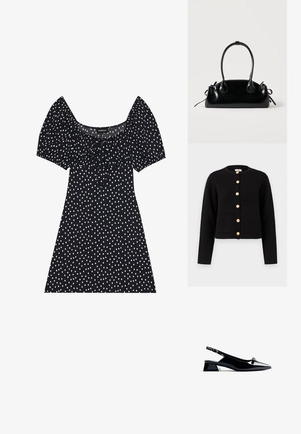 JDY JDYKIM - Chaqueta de punto - black; Vestido corto negro con lunares blancos irregulares, mangas abullonadas, escote cuadrado y detalle de lazo en el frente.; Zapato slingback negro de charol con punta afilada y tacón bajo cuadrado, con un detalle en plata. Diseño elegante con un mínimo de adornos.; Pequeño bolso negro brillante con dos asas largas y detalles de cordón lateral sobre un fondo claro liso.