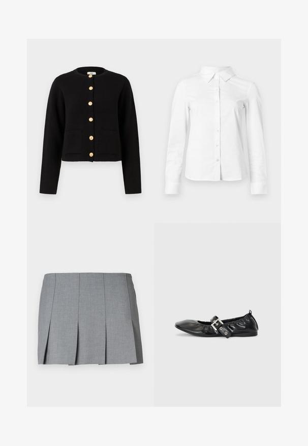 JDY JDYKIM - Vest - black; Witte blouse met lange mouwen en knopen, met puntige kraag, rechte zoom en aansluitende silhouet, weergegeven op een effen lichte achtergrond.; Grijze geplooide rok met een gladde textuur, gestructureerd ontwerp en een aansluitende taille. Gemaakt van een lichtgewicht stof met een subtiel patroon.; Zwarte leren platte schoen met een spitse neus, geplooide details rond de opening en een zilveren gespaccentueerde verstelbare band.