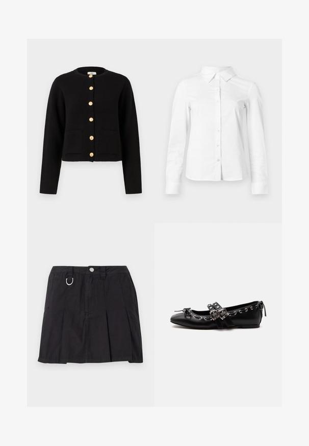 JDY JDYKIM - Chaqueta de punto - black; Camisa blanca de manga larga con botones, cuello puntiagudo, bajo recto y silueta ajustada, presentada sobre un fondo claro y liso.; Falda negra plisada de algodón, con cierre de botones en la parte delantera, lazos para cinturón y un acento en forma de D en la cinturilla.; Zapato de ballet plano negro con correas de doble hebilla, ojales plateados y un pequeño lazo cerca de la puntera redondeada sobre un fondo blanco.