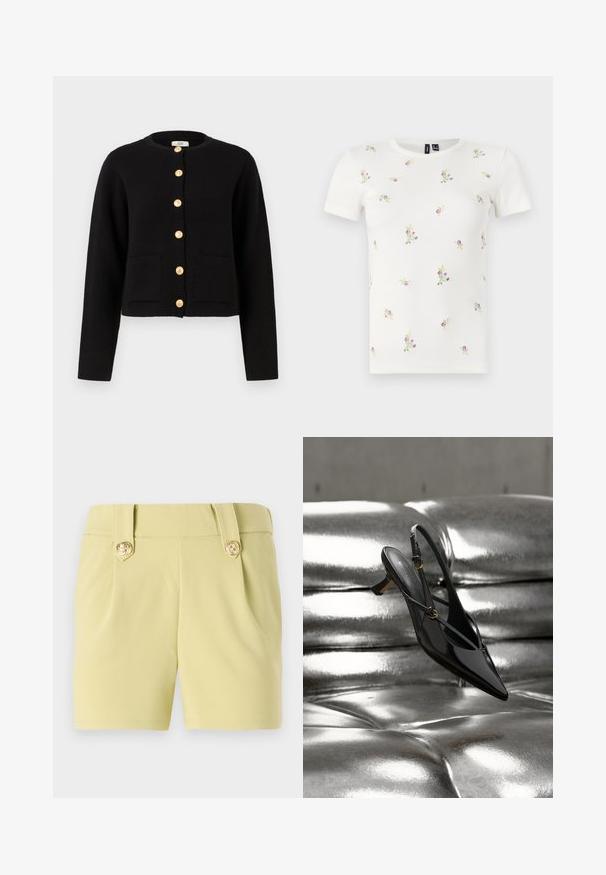 JDY JDYKIM - Cardigan - black; Hvid bomulds t-shirt med korte ærmer, med en ribbet tekstur og spredt blomsterbroderi i pink og grøn over hele.; Lys gule shorts i et glat stof med to frontfald og dekorative knapper i guld på taljen. Skreddersydd design.; Sort laklæder spids tå slingback sko med kitten hæl hvilende på en skinnende metallisk sølv tuftet overflade.
