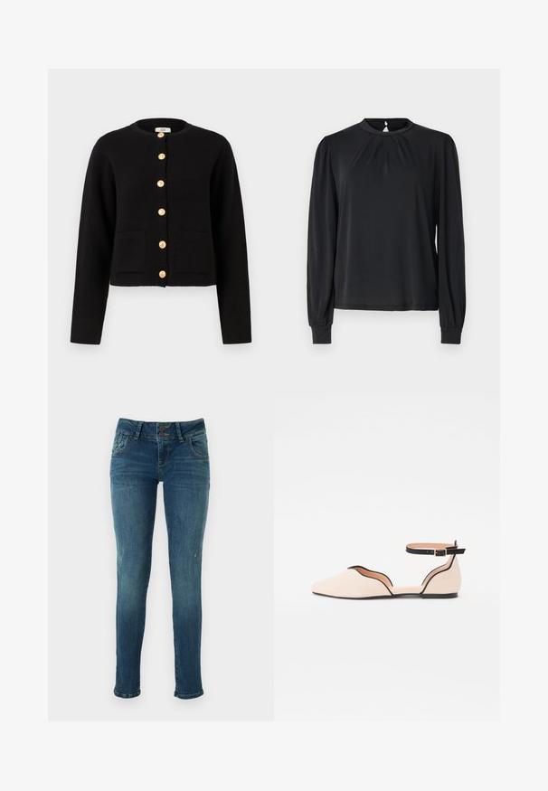 JDY JDYKIM - Kardigan - black; Must mustaga, millel on kõrge kaelus, kokku volditud esiosaga ja elastsete mansettidega. Siledast kangast, millel on kerge sära.; Kitsad sinised denim teksad, millel on kulunud viimistlus, kahest nupust kinnitamine, viis taskut ja kergelt kulunud detailid põlvede lähedal.; Lame ballettpaelad heledes beeži värvi, terava varbaga, millel on kumer lõikekujundus ja must pahkluu rihm. Sujuv tekstuur ja minimalistik stiil.