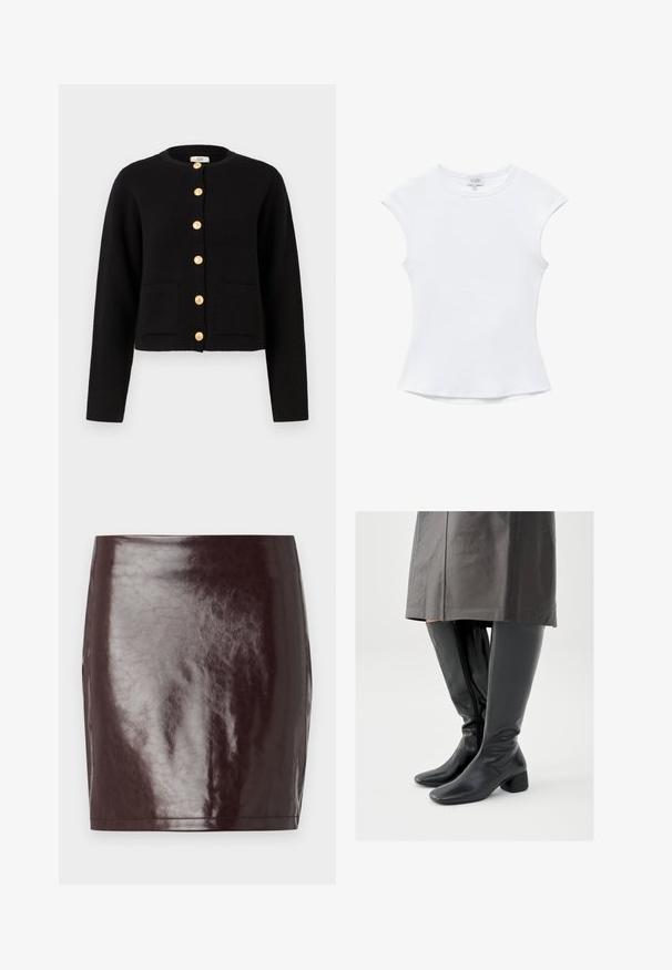 JDY JDYKIM - Strickjacke - black; Weißes kurzärmeliges, geripptes Baumwolltop mit rundem Ausschnitt und leicht ausgestellter Taille, flach auf weißem Hintergrund liegend.; Burgunderfarbenen, kunstledernen Minirock mit glatter, glänzender Textur und figurbetontem Schnitt. Verfügt über klare Linien und einen geraden Saum.; Kniehohe schwarze Lederstiefel mit quadratischer Zehenpartie, schrägem Blockabsatz und seitlichem Reißverschluss; glatte Textur und körperbetontes Design.