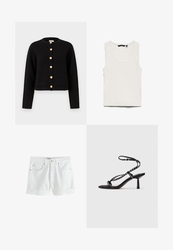 JDY JDYKIM - Chaqueta de punto - black; Camiseta sin mangas blanca acanalada con escote redondo, colocada plana sobre un fondo blanco.; Pantalones cortos de mezclilla blanca con dobladillos remangados, cierre frontal de botón y cremallera, presillas para cinturón y diseño de cinco bolsillos.; Sandalias de tacón alto de ante negro con punta afilada, correa en el tobillo y detalles decorativos de tachuelas en las correas.