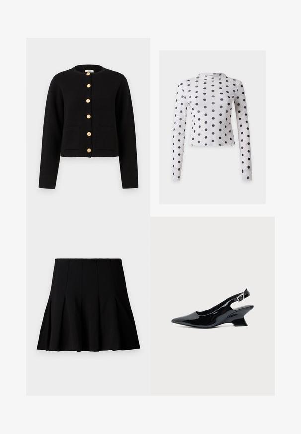 JDY JDYKIM - Kardigán - black; Biely crop top s dlhým rukávom s čiernymi bodkami rovnomerne rozloženými po látke.; Čierna krátka plisovaná sukňa vyrobená z hladkej látky. Má elastický pás a rozšírený strih, ktorý siaha do polovice stehna.; Čierna lakovaná slingback topánka so špicatou špičkou a nízkym šikmým blokovým opätkom na jednoduchom svetlom pozadí.