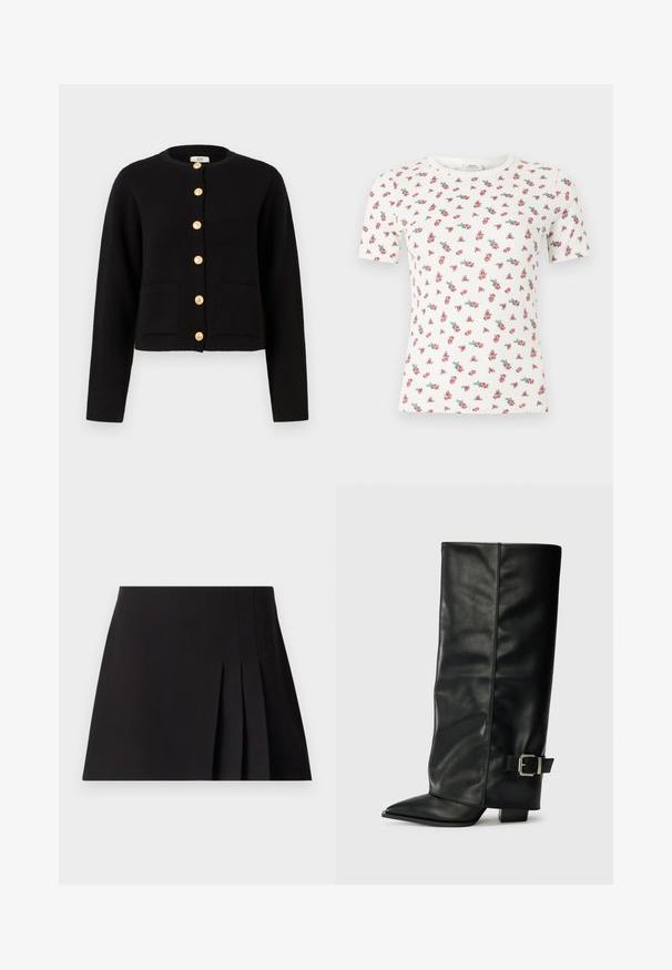 JDY JDYKIM - Vest - black; Wit geribd T-shirt met korte mouwen, kleine roze en groene bloemenprint en een ronde hals.; Zwarte geplisseerde minirok van soepele stof. Heeft een aansluitende tailleband en subtiele stiksels langs de plooien voor textuur.; Zwarte leren enkellange laarzen met een spitse neus, een gladde textuur en een zilveren gesps Accent aan de zijkant. Stevige vierkante hak.