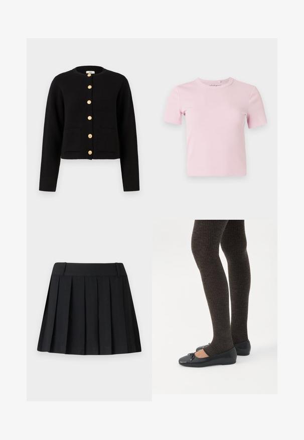 JDY JDYKIM - Chaqueta de punto - black; Camiseta de manga corta en rosa claro con tejido acanalado, cuello redondo y diseño ajustado. La tela tiene una textura suave y detalles mínimos.; Falda negra con pliegues y cintura ajustada, hecha de tejido ligero. Presenta pliegues espaciados uniformemente y un diseño simple y limpio.; Piernas con leggings oscuros acanalados combinados con bailarinas negras que presentan pequeños detalles de lazo sobre un fondo blanco.