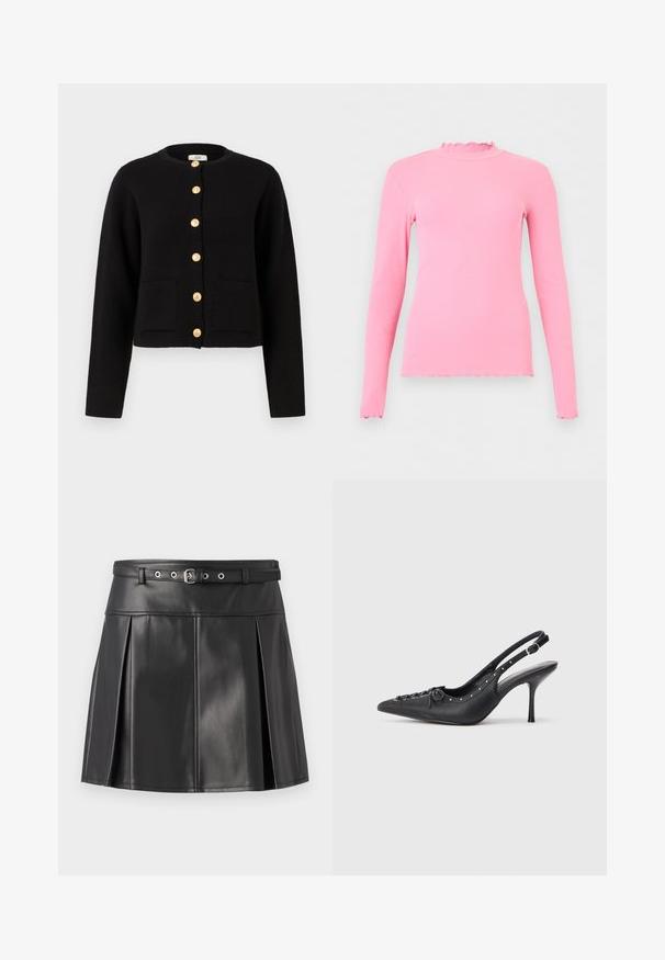 JDY JDYKIM - Chaqueta de punto - black; Top rosa de manga larga con tejido acanalado y bordes con volantes en el cuello, los puños y el dobladillo, mostrado sobre un fondo liso y claro.; Falda plisada negra de cuero sintético, con una cinturilla ajustada que incluye un cinturón y detalles en plata. Textura suave.; Sandal de tacón stiletto negro de cuero con punta afilada, correa lateral con hebilla, tachuelas a lo largo del borde y cordones decorativos en la parte delantera.