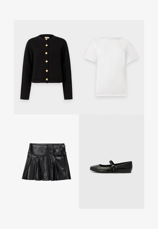 JDY JDYKIM - Chaqueta de punto - black; Camiseta blanca de manga corta con cuello redondo que presenta una fila de perlas decorativas a lo largo del cuello.; Falda de cuero negro con pliegues, cinturilla ancha y dos hebillas en el lateral. Textura suave con un acabado brillante.; Bailarinas de cuero negro con punta redondeada, suela plana y una delgada correa ajustable en el empeine que cuenta con una hebilla de metal.
