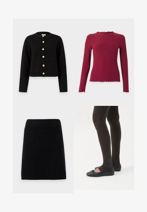 JDY JDYKIM - Gilet - black; Haut à manches longues en maille côtelée rouge foncé avec un col montant à volants et des bords volantés aux poignets et à l’ourlet.; Mini-jupe noire en tissu doux, avec une coupe droite et une taille sans coutures, sans fermetures ni motifs visibles.; Jambes portant des leggings côtelés foncés associés à des ballerines noires avec de petits détails en nœud sur fond blanc.