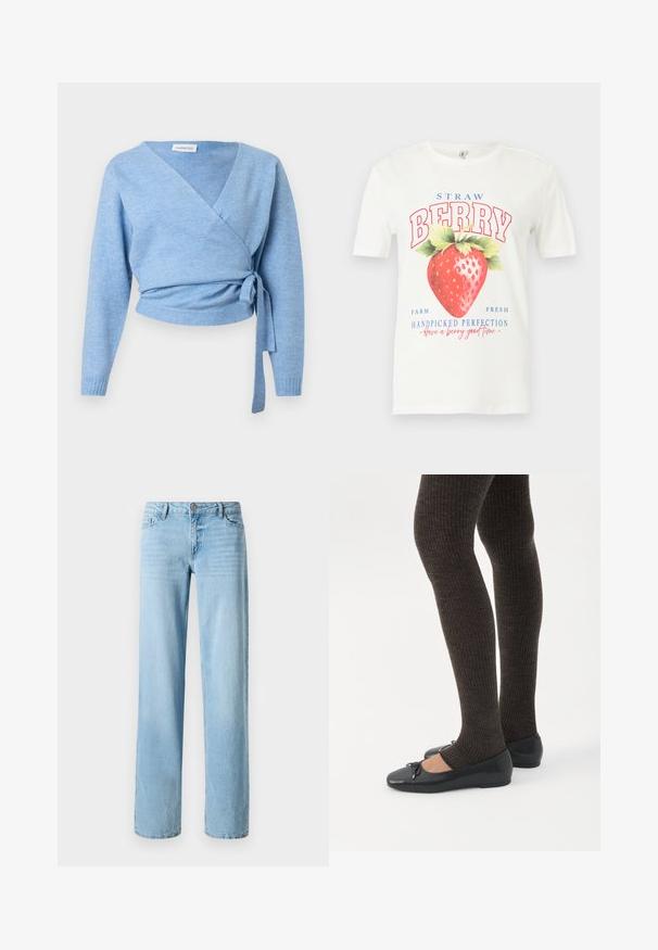 Cardigan bleu clair croisé en tissu doux, doté d'un col en V, de manches longues et d'un détail noué à la taille pour un ajustement personnalisé.; T-shirt blanc à manches courtes avec un grand motif de fraise rouge et le texte « STRAW BERRY », « Farm Fresh » et « Handpicked Perfection ».; Jeans en denim bleu clair, design à jambe droite, avec cinq poches et une fermeture à bouton à l'avant. Texture lisse avec un léger délavage.; Jambes portant des leggings côtelés foncés associés à des ballerines noires avec de petits détails en nœud sur fond blanc.