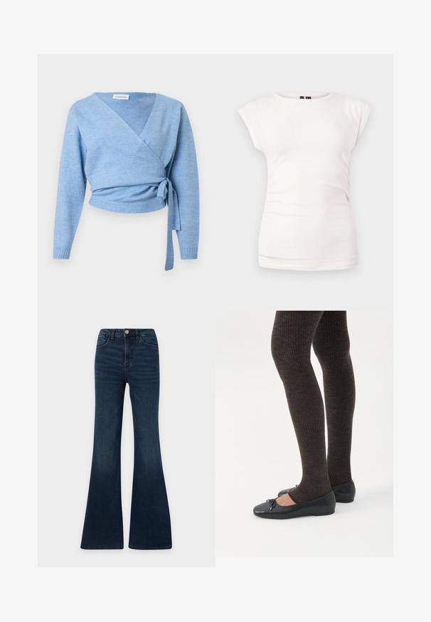 Cardigan bleu clair croisé en tissu doux, doté d'un col en V, de manches longues et d'un détail noué à la taille pour un ajustement personnalisé.; T-shirt blanc ajusté à manches courtes avec col rond sur fond uni, avec un léger détail froncé sur le côté.; Jean en denim bleu foncé taille haute avec coupe évasée, fermeture devant par bouton et zip, poches devant et derrière.; Jambes portant des leggings côtelés foncés associés à des ballerines noires avec de petits détails en nœud sur fond blanc.