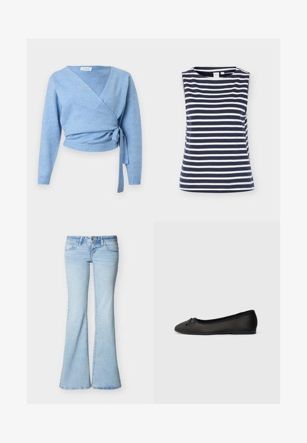 Cardigan bleu clair croisé en tissu doux, doté d'un col en V, de manches longues et d'un détail noué à la taille pour un ajustement personnalisé.; Haut sans manches rayé horizontal bleu marine et blanc avec col rond, en tissu coton doux, présenté sur fond uni.; Jean en denim bleu clair avec taille haute, fermeture à boutons et zip, poches avant et arrière, et jambes larges évasées.; Ballerines noires avec une finition mate lisse, un bout arrondi et un nœud décoratif à l'avant. Elles présentent un talon bas et plat.