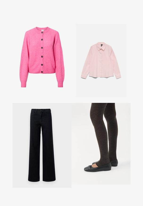 Suéter de punto de color rosa brillante con mangas largas, cuello redondo, puños y dobladillo acanalados, y seis botones oscuros en la parte delantera.; Camisa de manga larga de color rosa claro con botones y cuello, extendida sobre un fondo blanco.; Jeans de denim negro de pierna ancha con una cintura alta, que cuentan con bolsillos estándar y cierre de botón. Textura suave con ligero estiramiento.; Piernas con leggings oscuros acanalados combinados con bailarinas negras que presentan pequeños detalles de lazo sobre un fondo blanco.