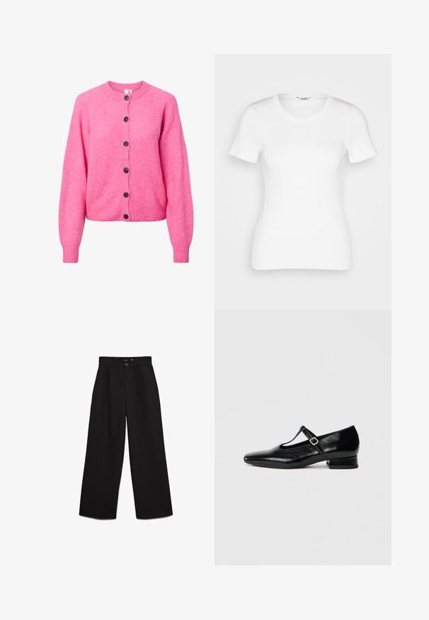 Cardigan tricoté rose vif avec des manches longues, un col rond, des poignets et un ourlet côtelés, et six boutons sombres sur le devant.; T-shirt en coton blanc avec des manches courtes, un col rond et une texture côtelée. Design ajusté avec une finition lisse et nette.; Pantalon noir taille haute à jambes larges avec fermeture bouton et zip, passants de ceinture et plis à l'avant.; Chaussures Mary Jane en cuir noir avec bout pointu, petit talon carré et bride ajustable avec une boucle argentée. Texture lisse et brillante.