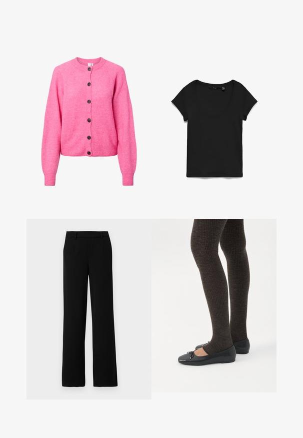 Suéter de punto de color rosa brillante con mangas largas, cuello redondo, puños y dobladillo acanalados, y seis botones oscuros en la parte delantera.; Camiseta negra de manga corta con cuello redondo, colocada plana sobre fondo blanco, mostrando la vista frontal y la textura de la tela.; Pantalones de pierna ancha negros, confeccionados en una tela suave, que presentan un frente plano, dos bolsillos laterales y una cintura ajustada para un aspecto refinado.; Piernas con leggings oscuros acanalados combinados con bailarinas negras que presentan pequeños detalles de lazo sobre un fondo blanco.