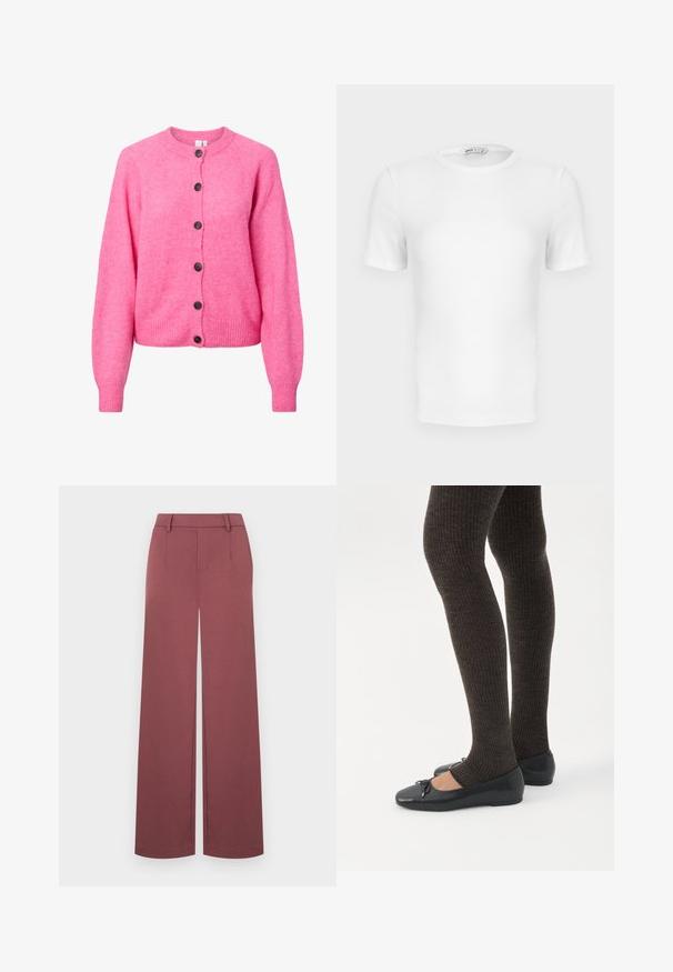Cardigan tricoté rose vif avec des manches longues, un col rond, des poignets et un ourlet côtelés, et six boutons sombres sur le devant.; T-shirt blanc à manches courtes, côtelé, col rond avec une coupe ajustée et une petite étiquette de marque à l'intérieur du col.; Pantalon à jambes larges de couleur bordeaux. Confectionné dans un tissu lisse avec une ceinture ajustée et des plis devant, sans aucune fermeture visible.; Jambes portant des leggings côtelés foncés associés à des ballerines noires avec de petits détails en nœud sur fond blanc.