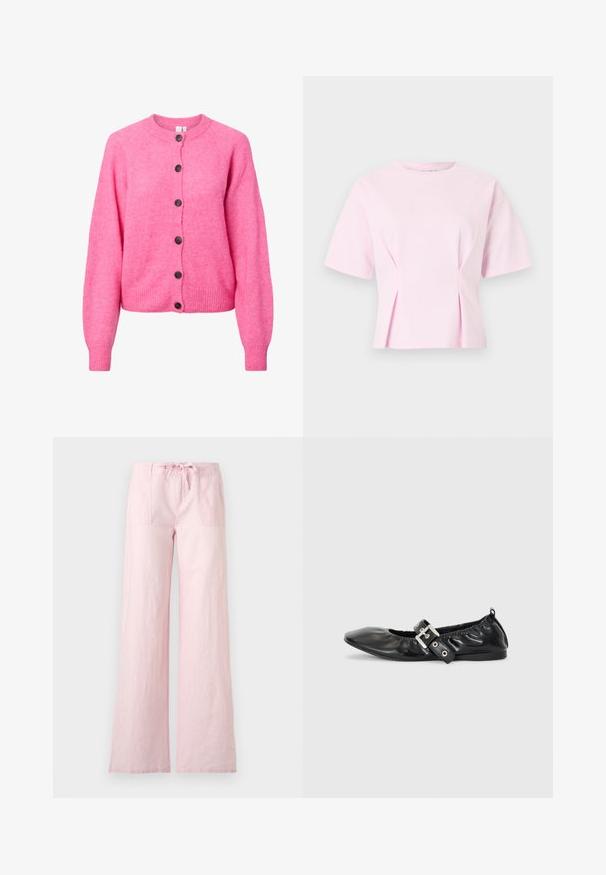 Lys pink strikket cardigan med lange ærmer, rund hals, ribbede manchetter og kant, samt seks mørke knapper ned ad forsiden.; Lyserød top med korte ærmer, rund halsudskæring og diskrete plisseringer på frontens sider, vist på en ensfarvet baggrund.; Lyserøde bukser med vide ben, forlommer, knaplukning og snøre i taljen, vist på hvid baggrund.; Sorte læder flade sko med spids tå, samling detaljer omkring åbningen, og en sølv spænde accent på den justerbare rem.