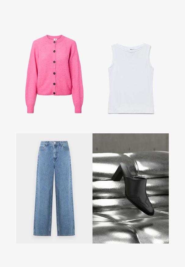 Suéter de punto de color rosa brillante con mangas largas, cuello redondo, puños y dobladillo acanalados, y seis botones oscuros en la parte delantera.; Camiseta blanca sin mangas de algodón con un amplio escote redondo y dobladillo recto, mostrada extendida sobre un fondo blanco.; Jeans azul claro de pierna ancha hechos de mezclilla. Presentan una cintura alta, trabillas para cinturón, bolsillos delanteros y un solo bolsillo trasero. Textura lisa.; Mula de cuero negro con tacón ancho descansando sobre una superficie plateada brillante acolchada, destacando su diseño elegante y detalles curvados.