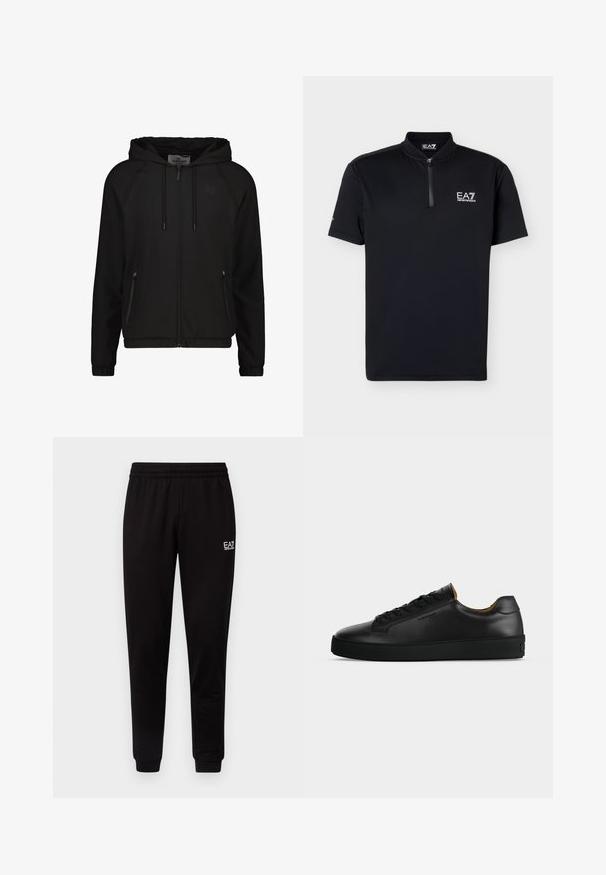 Schwarze Kapuzenjacke aus glattem Stoff. Verfügt über einen Reißverschluss vorne, zwei Seitentaschen und elastische Bündchen. Dezentes Logo auf der Brust.; Schwarzes Poloshirt mit kurzen Ärmeln, Viertelreißverschluss und weißem EA7 Emporio Armani Logo auf der Brust sowie am Kragenetikett.; Schwarze Sweatpants mit elastischem Bund, schmal zulaufenden Beinen und einem kleinen weißen Logo auf der oberen linken Seite. Glatte Textur und einfaches Design.; Schwarzer flacher Ledersneaker mit schwarzen Schnürsenkeln, strukturierter Gummisohle und kleinem eingeprägtem Logo an der Seite, im Profil vor grauem Hintergrund gezeigt.