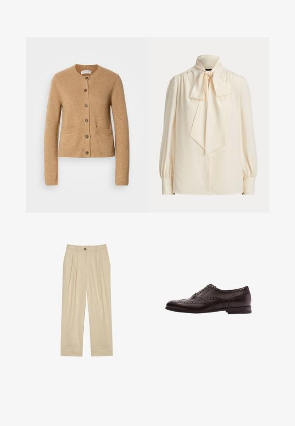 Cardigan en tricot beige avec col rond, manches longues, fermeture à boutons sur le devant et deux poches avant, présenté sur un fond blanc uni.; Blouse crème à manches longues avec un col montant et un grand nœud noué au cou, avec des épaules froncées et des manches à poignets.; Marc O'Polo BALLOON LEG PLEATED INSPIRED DETAILS - Pantalon classique - jonesboro cream; Chaussure habillée brogue en cuir brun foncé pour homme avec perforations en forme d'ailes et lacets, montrée en profil latéral sur fond blanc.