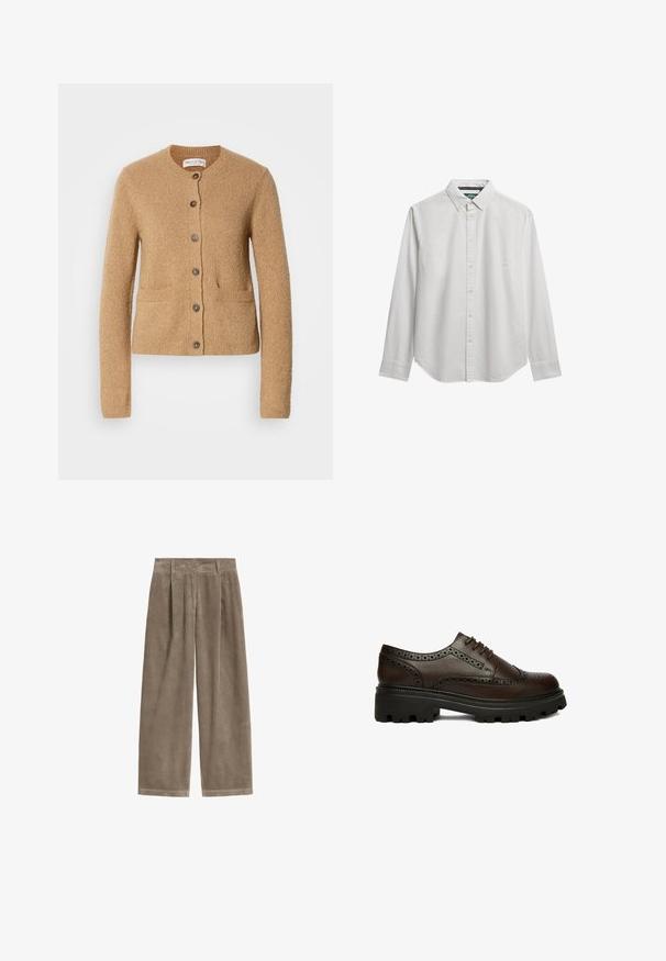 Cárdigan de punto beige con cuello redondo, mangas largas, cierre frontal de botones y dos bolsillos delanteros, presentado sobre un fondo blanco liso.; Camisa blanca de manga larga con botones y cuello abotonado, mostrada sobre un fondo blanco.; Pantalones marrones de pana de pierna ancha con trabillas para cinturón, pliegues delanteros y cierre de cremallera.; Zapato brogue de cuero marrón oscuro con detalles perforados y suela gruesa negra con dibujo, visto de lado sobre fondo blanco.