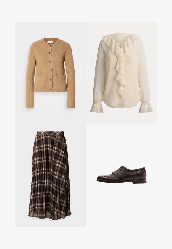 Cardigan en tricot beige avec col rond, manches longues, fermeture à boutons sur le devant et deux poches avant, présenté sur un fond blanc uni.; Blouse crème à manches longues avec col à volants, volant cascade devant, lien à l'encolure et poignets cloche froncés.; Jupe midi plissée à carreaux marron, noir et beige avec une taille ajustée et une texture de tissu fluide.; Chaussure habillée brogue en cuir brun foncé pour homme avec perforations en forme d'ailes et lacets, montrée en profil latéral sur fond blanc.