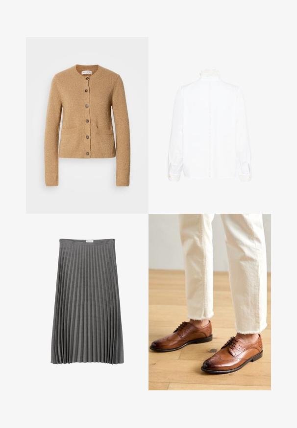 Beige gebreide cardigan met ronde hals, lange mouwen, sluiting met knopen aan de voorkant en twee voorzakken, weergegeven op een effen witte achtergrond.; Witte blouse met lange mouwen, voorzien van een kanten hoge kraag en manchetten, met een verticale kanten bies langs de achterkant in het midden.; Grijze plissee rok gemaakt van zachte stof. Kenmerkt zich door verticale plooien, een elastische tailleband en een vloeiende vorm die tot halverwege de kuit valt.; Bruine leren brogueschoenen met geperforeerde details, ronde neus en een gladde afwerking, gecombineerd met crèmekleurige broek met franje aan de onderkant.