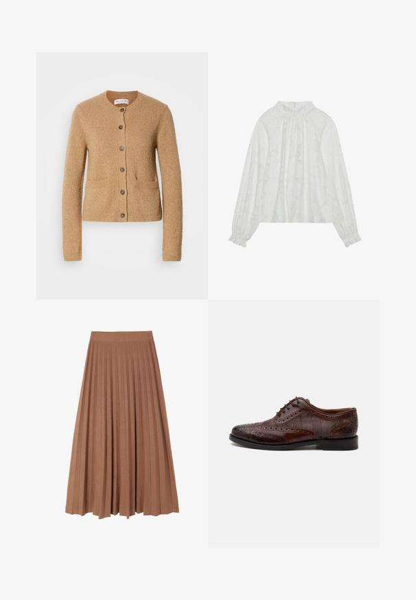 Cardigan en tricot beige avec col rond, manches longues, fermeture à boutons sur le devant et deux poches avant, présenté sur un fond blanc uni.; Blouse blanche à manches longues, avec un motif floral texturé, un décolleté froncé et des poignets élastiques. Tissu doux et léger.; Jupe midi plissée marron avec une texture lisse et une large ceinture, présentant des plis verticaux réguliers sur toute sa longueur, créant une silhouette fluide.; Chaussure habillée homme à bout golf en cuir marron avec détails brogue et panneaux latéraux en tissu à carreaux, vue de côté sur fond blanc.
