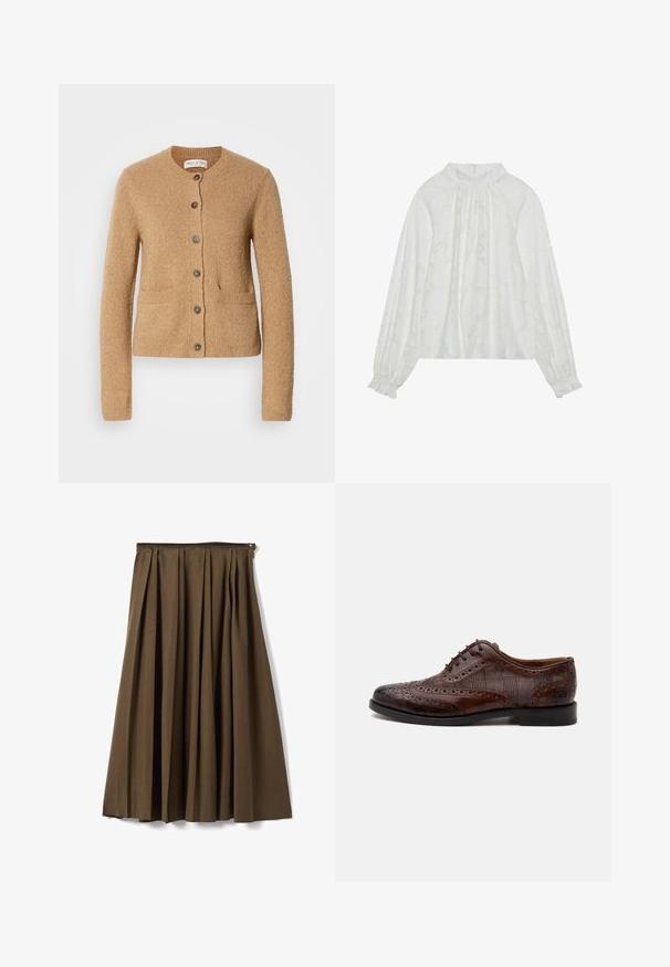 Cárdigan de punto beige con cuello redondo, mangas largas, cierre frontal de botones y dos bolsillos delanteros, presentado sobre un fondo blanco liso.; Blusa blanca de manga larga, con un patrón floral texturizado, escote fruncido y puños elásticos. Tejido suave y ligero.; Falda midi plisada marrón con cintura alta y cierre lateral de cremallera, mostrada sobre un fondo blanco.; Zapato de vestir masculino wingtip de cuero marrón con detalles brogue y paneles laterales de tela a cuadros, mostrado de perfil sobre fondo blanco.