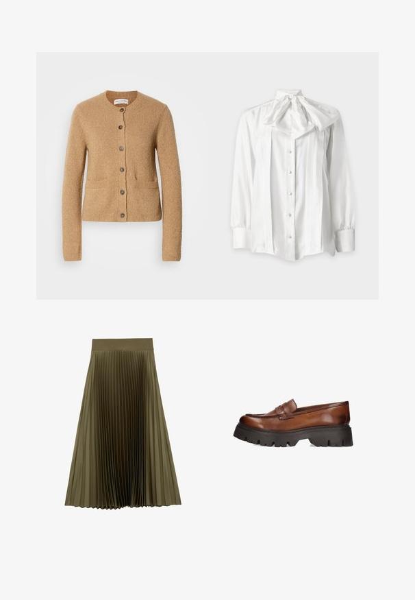 Cárdigan de punto beige con cuello redondo, mangas largas, cierre frontal de botones y dos bolsillos delanteros, presentado sobre un fondo blanco liso.; Blusa blanca de manga larga con botones en la parte delantera y un gran lazo anudado en el cuello, con detalles plisados en la parte frontal.; Falda midi plisada en verde oliva con una cintura ancha y lisa y pliegues estrechos y uniformemente espaciados.; Mocasines de cuero marrón con una suela negra gruesa. Presentan una puntera redondeada y un detalle decorativo de correa en el empeine.