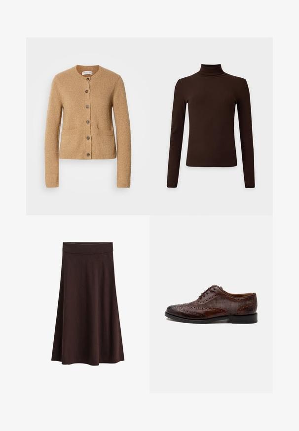 Cardigan en tricot beige avec col rond, manches longues, fermeture à boutons sur le devant et deux poches avant, présenté sur un fond blanc uni.; Haut à col roulé côtelé marron foncé à manches longues avec silhouette ajustée sur fond clair uni.; Jupe mi-longue tricotée marron foncé avec une large ceinture élastique et une forme évasée sur fond blanc.; Chaussure habillée homme à bout golf en cuir marron avec détails brogue et panneaux latéraux en tissu à carreaux, vue de côté sur fond blanc.