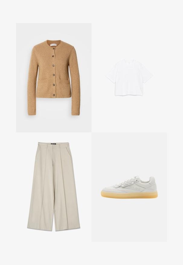 Cárdigan de punto beige con cuello redondo, mangas largas, cierre frontal de botones y dos bolsillos delanteros, presentado sobre un fondo blanco liso.; Camiseta blanca de manga corta con cuello redondo y un ajuste ancho y suelto, mostrada sobre un fondo blanco liso.; Pantalones de pierna ancha beige con pliegues frontales, dos bolsillos laterales y el nombre de la marca "PEGADOR" bordado en la parte frontal. Textura suave.; Zapatilla de cuero blanca con acentos perforados, punta redonda y suela de goma crema. Presenta costuras tonales y un diseño minimalista.