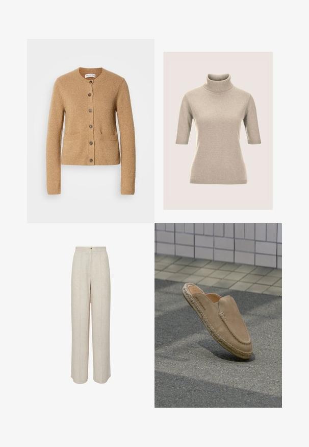 Beige gebreide cardigan met ronde hals, lange mouwen, sluiting met knopen aan de voorkant en twee voorzakken, weergegeven op een effen witte achtergrond.; Beige gebreide coltrui met korte mouwen, voorzien van geribbelde kraag, mouwboorden en zoom, getoond tegen een neutrale achtergrond.; Beige linnen broeken met een hoge taille, voorzien van een sluiting met knopen aan de voorkant, twee zijzakken en een ontspannen, rechte pasvorm.; Enkele lichtbruine suède instapschoen met gevlochten zool zweeft boven asfalt met een betegelde muur op de achtergrond.