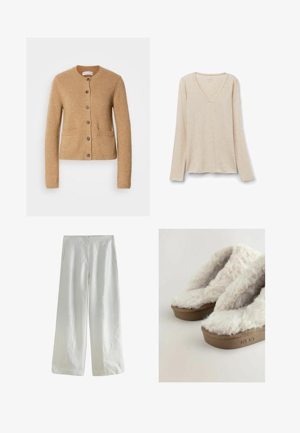 Cárdigan de punto beige con cuello redondo, mangas largas, cierre frontal de botones y dos bolsillos delanteros, presentado sobre un fondo blanco liso.; Camiseta de manga larga con escote en V en tejido beige claro con una textura suave. Corte relajado con dobladillo recto y diseño minimalista.; Pantalones blancos de pierna ancha con bolsillos laterales y una cintura lisa, mostrados planos sobre un fondo blanco.; Zapatillas de plataforma marrones con suaves y esponjosos superiores de piel sintética de color crema, mostrando el nombre de la marca "NEXT" grabado en el lado de la suela.