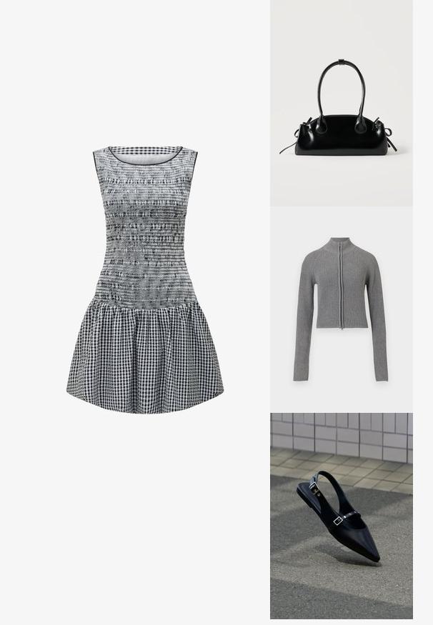 Cárdigan corto de punto acanalado gris con cremallera frontal completa y mangas largas sobre un fondo blanco.; Vestido a cuadros en blanco y negro con un cuerpo ajustado, textura fruncida y una falda acampanada. Cuello redondo sencillo y diseño sin mangas.; Zapato plano negro de punta puntiaguda con tiras de doble hebilla y talón descubierto, descansando sobre asfalto gris cerca de una pared con azulejos.; Pequeño bolso negro brillante con dos asas largas y detalles de cordón lateral sobre un fondo claro liso.