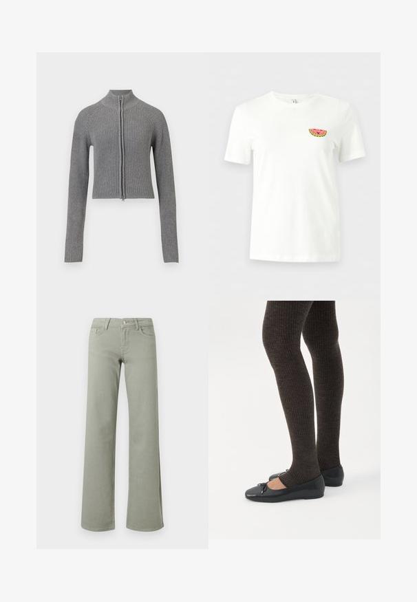 Cárdigan corto de punto acanalado gris con cremallera frontal completa y mangas largas sobre un fondo blanco.; Camiseta blanca de manga corta con un pequeño gráfico de una rodaja de sandía sonriente en el pecho izquierdo.; Pantalones de pierna recta de tiro alto en verde claro con cinturilla, botón, cremallera y bolsillos delanteros y traseros sobre un fondo blanco.; Piernas con leggings oscuros acanalados combinados con bailarinas negras que presentan pequeños detalles de lazo sobre un fondo blanco.