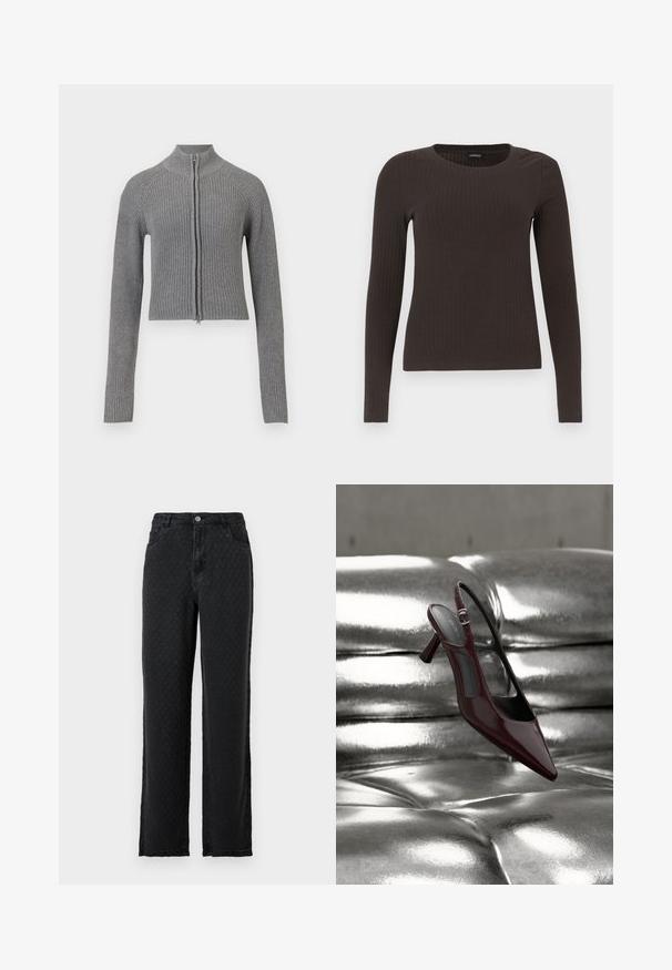 Grå ribbet strikket cropped cardigan med fuld frontlynlås og lange ærmer på en hvid baggrund.; Brun langærmet ribbet top med rund halsudskæring. Fremstillet af et glat, strækbart materiale, med en tætsiddende silhuet og minimalistiske detaljer.; Sorte teksturerede bukser med bred ben og forlommer samt knaplukning på en ensfarvet baggrund.; Blank mørkerød slingback højhælet sko med spids tå, vist på en skinnende sølvfarvet polstret læderoverflade.