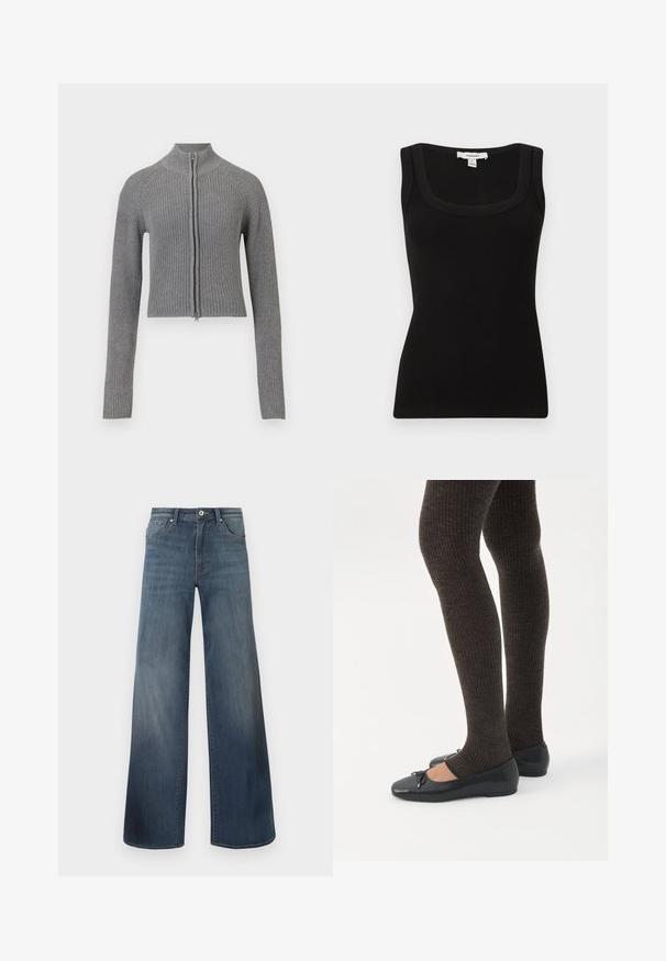 Grå ribbet strikket cropped cardigan med fuld frontlynlås og lange ærmer på en hvid baggrund.; Sort ribstrikket ærmeløs tanktop med firkantet udskæring, tætsiddende pasform og Topshop-label bagpå kraven.; Bredde denim jeans i mørkeblå, med en slidteknik, knaplukning og fem-lomme stil. Glat tekstur, minimal syning detaljer.; Ben iført mørke ribbede leggings kombineret med sorte balletsko med små sløjfedetaljer på hvid baggrund.