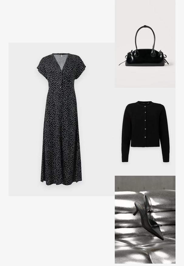 Schwarze Strickjacke aus weichem Strickstoff, runder Ausschnitt, lange Ärmel, fünf silberne herzförmige Knöpfe entlang der Vorderseite, gerippter Saum und Bündchen.; Schwarzes Maxikleid mit weißen Polka Dots, V-Ausschnitt, kurzen Kappärmeln und durchgehender Knopfleiste. Fließender Stoff und entspannte Passform.; Schwarzer Slingback-Pumps mit spitzer Kappe und kleinem Schleifchen, der auf glänzend silbernem, getuftetem Lederpolster liegt.; Kleine schwarze glänzende Handtasche mit zwei langen Griffen und seitlichen Kordelzug-Details vor einfachem hellem Hintergrund.