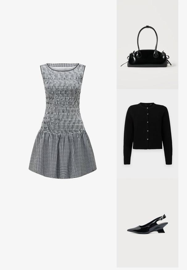 Schwarze Strickjacke aus weichem Strickstoff, runder Ausschnitt, lange Ärmel, fünf silberne herzförmige Knöpfe entlang der Vorderseite, gerippter Saum und Bündchen.; Schwarz-weißer Karodress mit tailliertem Oberteil, gerüschter Textur und ausgestelltem Rock. Einfacher runder Ausschnitt und ärmelloses Design.; Schwarzer Slingback-Schuh aus Lackleder mit spitzer Spitze und niedrigem, schrägem Blockabsatz auf einfachem hellem Hintergrund.; Kleine schwarze glänzende Handtasche mit zwei langen Griffen und seitlichen Kordelzug-Details vor einfachem hellem Hintergrund.