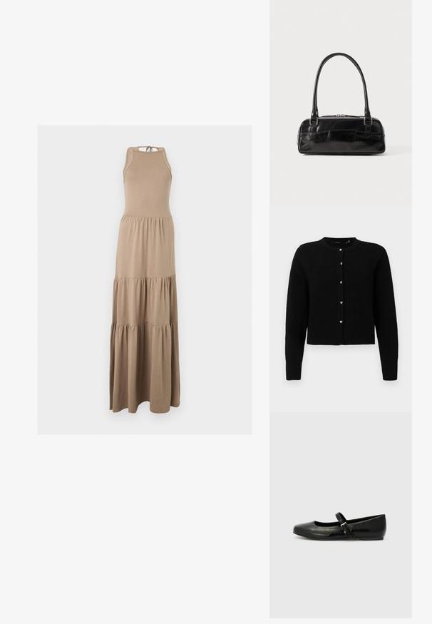 Zwarte cardigan van zacht breiwerk, ronde halslijn, lange mouwen, vijf zilveren hartvormige knopen aan de voorkant, geribde zoom en manchetten.; Mouwloze beige maxi-jurk met halternek en een drievoudige geplooide rok, weergegeven tegen een effen achtergrond.; Zwarte leren balletschoenen met een ronde neus, een platte zool en een dunne verstelbare band over de wreef met een metalen gesp.; Zwarte leren handtas met een rechthoekige vorm, voorzien van een enkele gestructureerde handgreep, zilveren hardware en ritsluiting. Gladde textuur.