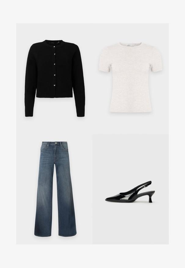 Schwarze Strickjacke aus weichem Strickstoff, runder Ausschnitt, lange Ärmel, fünf silberne herzförmige Knöpfe entlang der Vorderseite, gerippter Saum und Bündchen.; Hellgraues, kurzärmliges T-Shirt aus Rippstoff mit Rundhalsausschnitt. Schlichtes Design, glatte Textur, keine sichtbaren Muster oder Akzente.; Weite Jeans aus Denim in Dunkelblau mit einem distressed Finish, Knopfverschluss und fünf Taschen. Glatte Textur, minimale Nähdetails.; Schwarze Lackleder Slingback-Schuhe mit spitzem Zehenbereich und niedrigem Blockabsatz. Verstellbarer Riemen mit Schnalle am Knöchel.