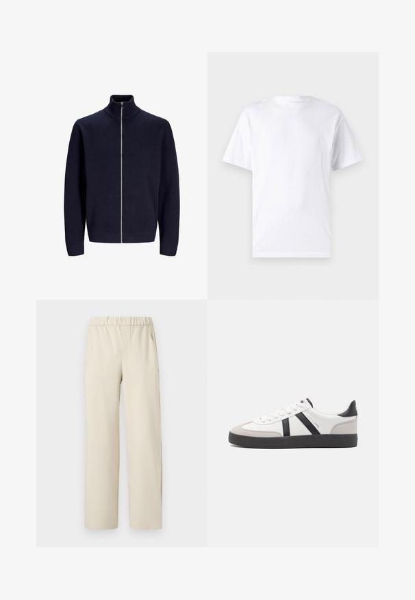 Marineblaues Zip-Up-Sweatshirt mit hohem Kragen, aus strukturiertem Stoff, ausgestattet mit einem Frontreißverschluss und eng anliegenden Bündchen. Einfaches, modernes Design.; Weißes kurzärmeliges T-Shirt aus Baumwolle mit Rundhalsausschnitt, das eine glatte Textur und ein einfaches Design ohne Muster oder Akzente aufweist.; Beige weite Hose mit elastischem Bündchen, aus weichem Stoff gefertigt. Sie hat eine glatte Textur und keine sichtbaren Muster oder Beschläge.; Weiße Sneaker mit schwarz- und grau-aczenten, ausgestattet mit einer strukturierten grauen Zehenkappe, schwarzer Gummi-Sohle und flachen weißen Schnürsenkeln. Sauberes Design, minimalistische Stil.