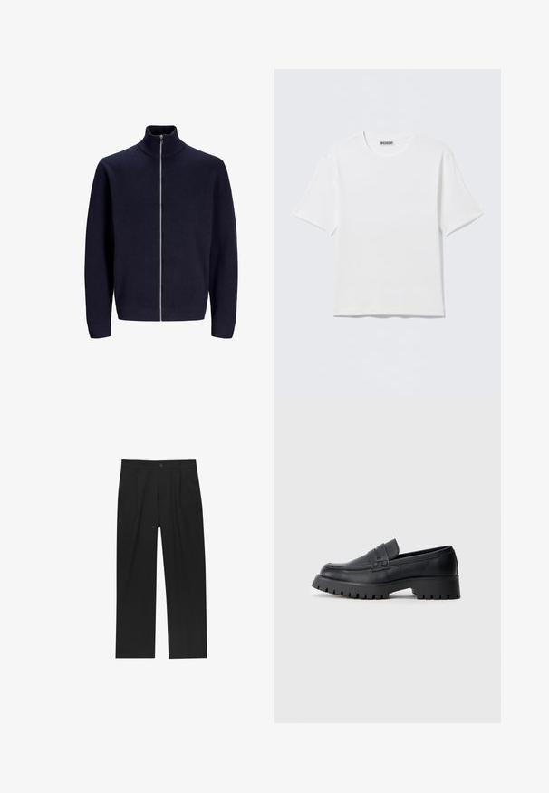 Marineblaues Zip-Up-Sweatshirt mit hohem Kragen, aus strukturiertem Stoff, ausgestattet mit einem Frontreißverschluss und eng anliegenden Bündchen. Einfaches, modernes Design.; Schlichtes weißes T-Shirt mit kurzen Ärmeln und Rundhalsausschnitt, mit einem kleinen "WEEKDAY"-Etikett an der Innenseite des Rückenkragens, auf einer flachen Oberfläche liegend dargestellt.; Schwarze Hose mit geradem Schnitt, aus einem glatten Stoff gefertigt. Verfügt über Vorderfalten und einen einzelnen Knopfverschluss an der Taille.; Schwarze Leder-Loafer mit abgerundeter Schuhspitze, ausgestattet mit einem dekorativen Riemen und einer robusten Gummisohle mit tiefem Profil für besseren Halt.