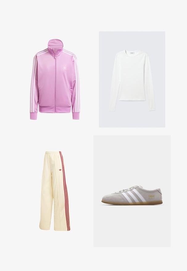 Chaqueta rosa con cremallera y cuello alto, con franjas blancas en las mangas y un pequeño logo blanco en el pecho. Tela suave y ligera.; Camiseta blanca lisa de manga larga con cuello redondo y corte ajustado, mostrada sobre un fondo gris claro.; Pantalones deportivos de pierna ancha en color crema con rayas rojas en los laterales, cintura elástica, bolsillo con cremallera y logo rojo de Adidas en el muslo.; Zapatilla de ante gris con rayas de cuero blanco y detalle del logo en dorado. Suela plana de goma, punta redondeada y diseño clásico de cierre con cordones.
