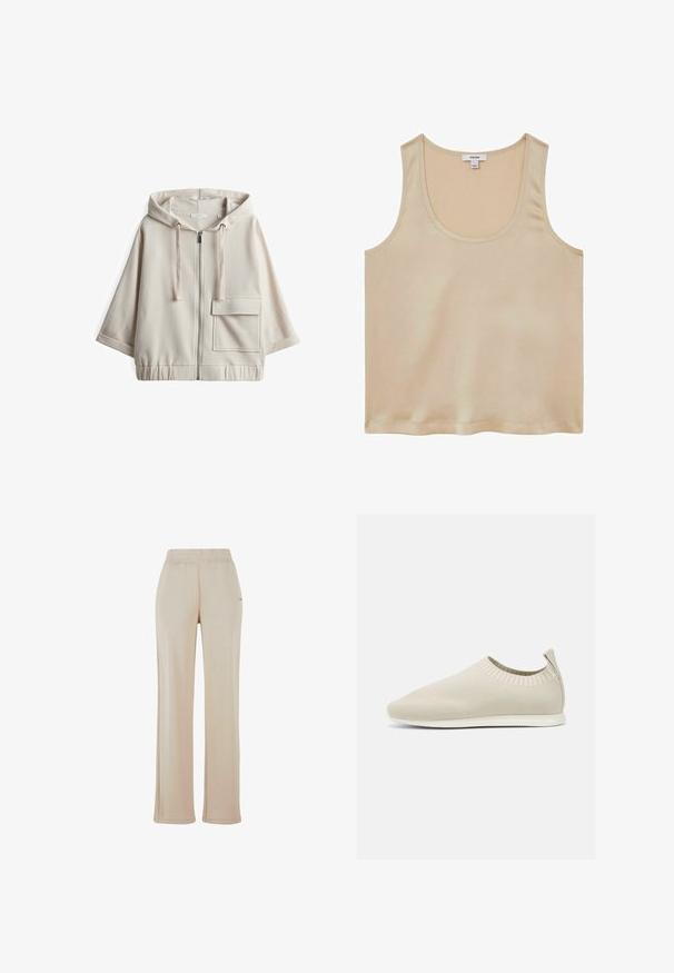 Beige hooded zip-up sweatshirt met een grote voorzak, een losse pasvorm, elastische tailleband en een soepele katoenmix textuur.; Reiss REGULAR FIT - Blouse - neutral; Beige, wijde sweatpants met een elastische tailleband en subtiele zijnaad. Gemaakt van een zachte, textuurstof. Geen zichtbare logo's.; Beige gebreide instap schoen met een lage profiel, textuur bovenkant en een flexibele zool. Kenmerkt zich door een geweven ontwerp rond de enkel voor comfort.